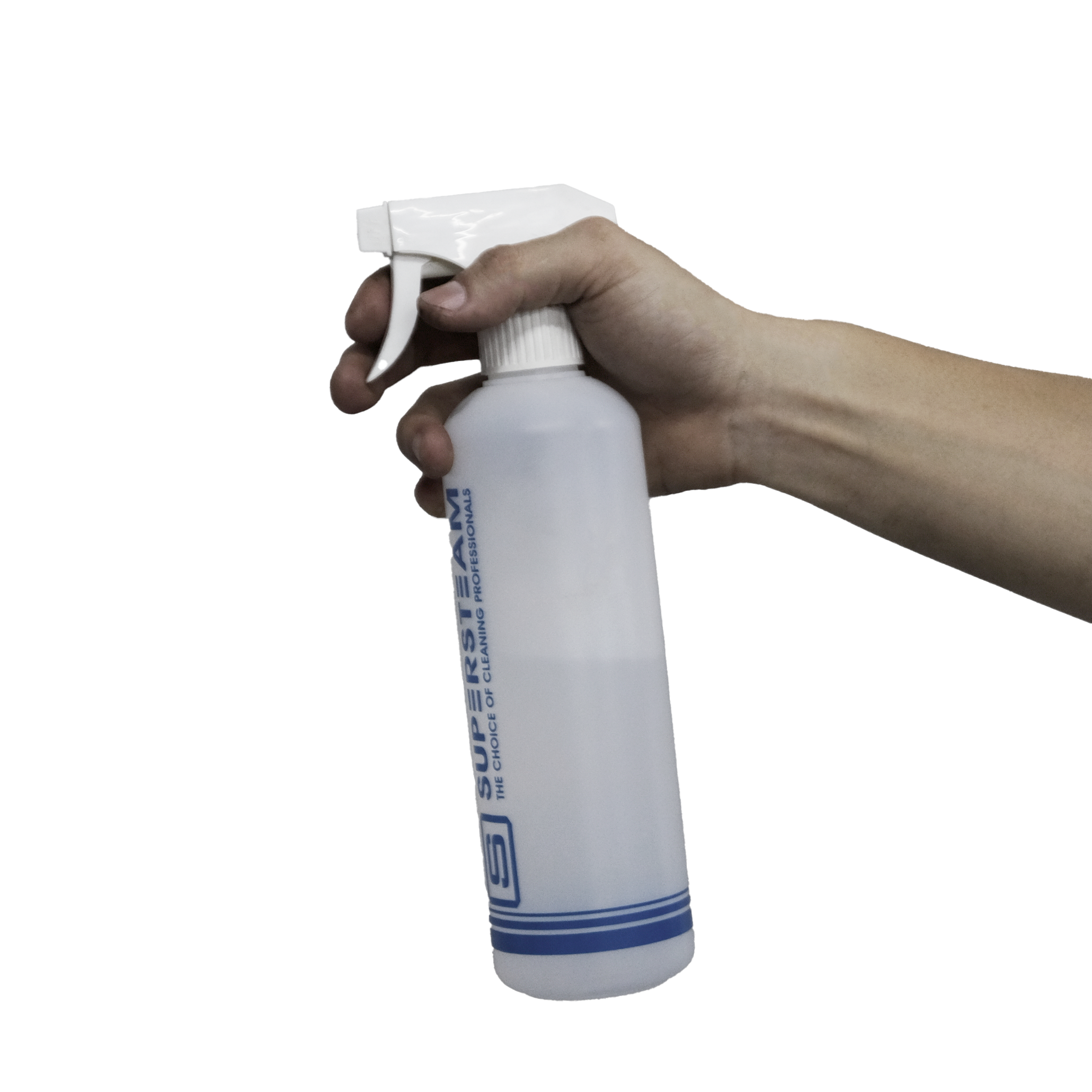 A hand holding a spray bottle of stainless steel polish.